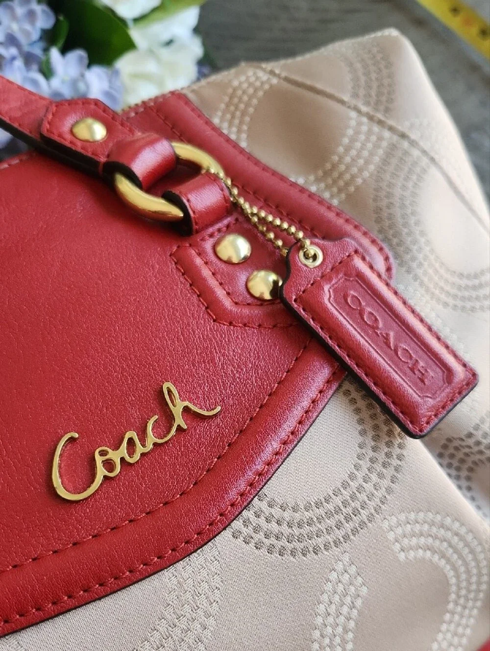 Coach Red & Beige Signature Satchel. Perfect Fall And Winter Bag!